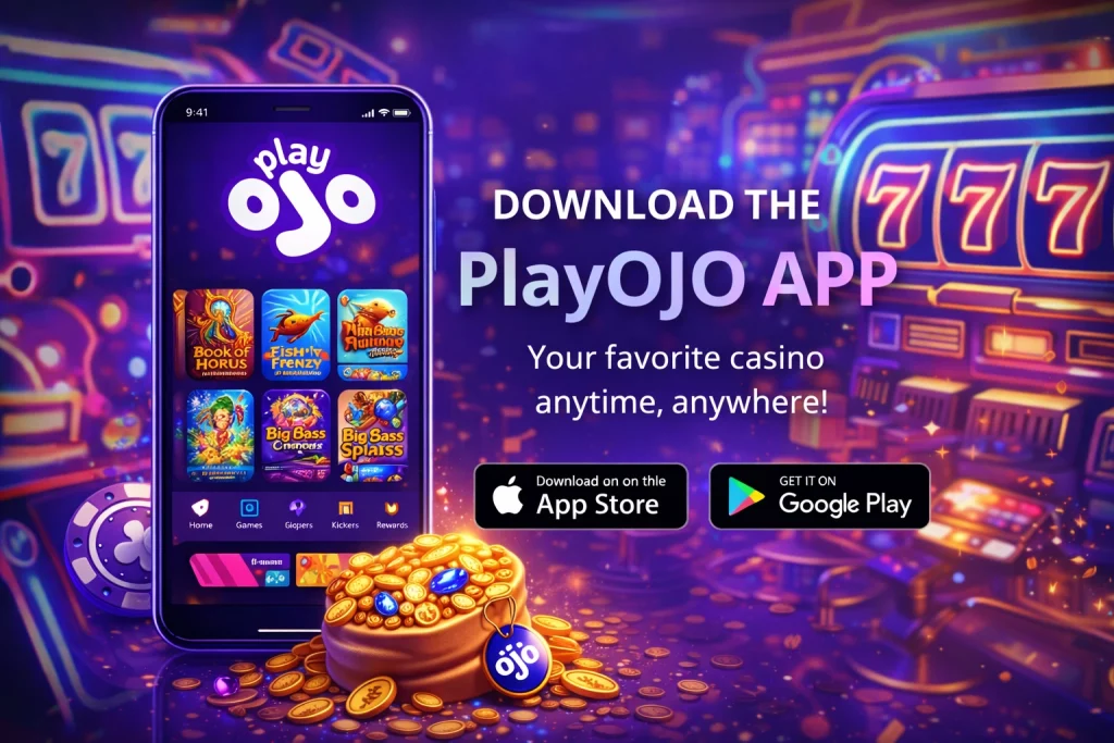 Ojo Casino mobile app displayed on smartphone screen with casino games interface and neon gaming background