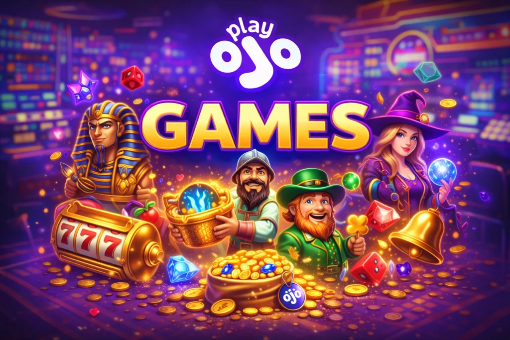 Ojo Casino Games page banner featuring slot machine, casino characters, gold coins and PlayOJO branding in neon style