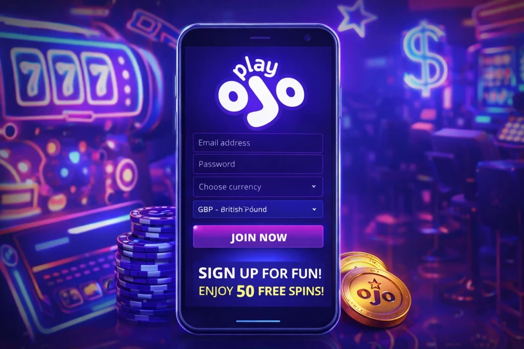 Ojo Casino Sign Up page displayed on smartphone screen with registration form, neon casino background and PlayOJO branding