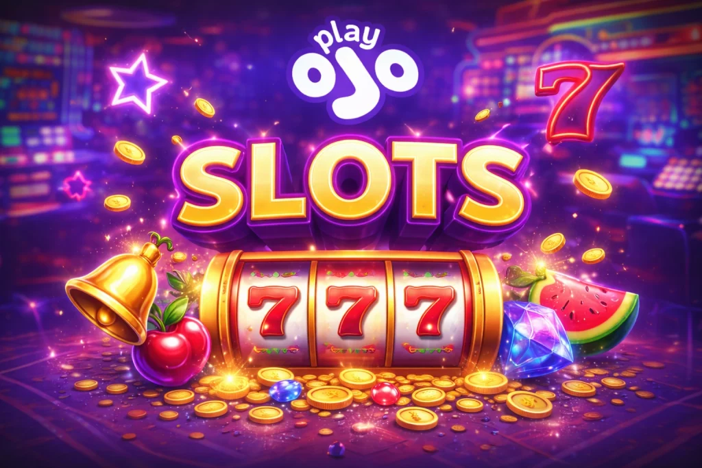 Ojo Casino Slots page banner featuring 777 slot machine reels, gold coins, neon lights and PlayOJO branding